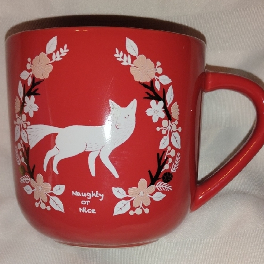 Threshold 'Naughty Or Nice" Red Ceramic Mug with Fox and Floral Accents